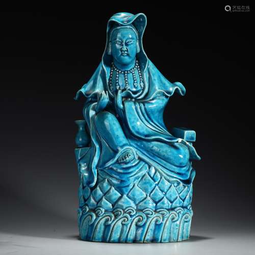 Ancient Peacock blue Guanyin Statue
