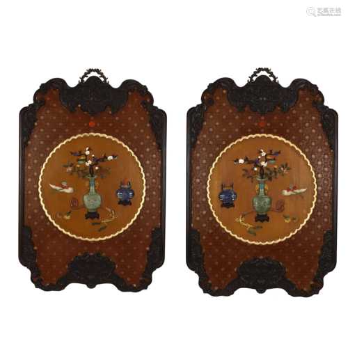 A pair of wooden frame color paint antique hanging screens