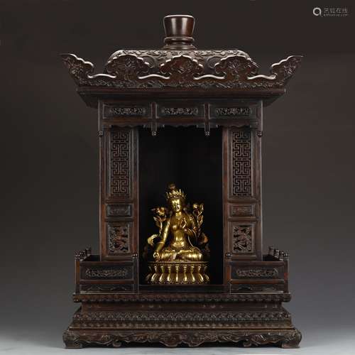 Wooden Buddhist shrine bronze gilded Buddha statue