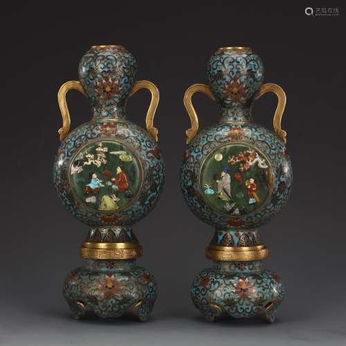 A pair of ancient cloisonne inlaid jade bottles