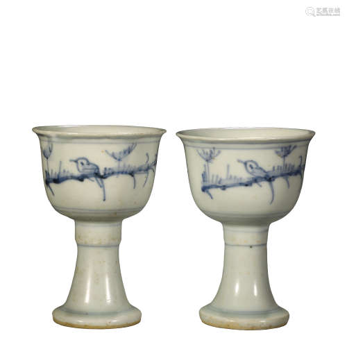 A pair of ancient blue and white goblets