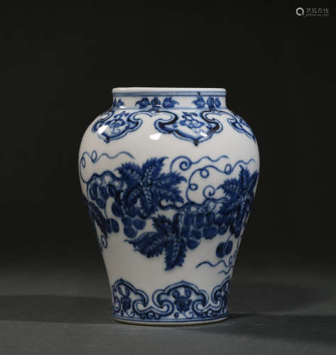 A Blue and White Grape Pattern Porcelain Jar