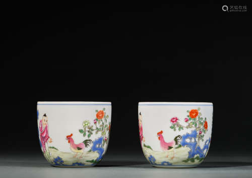 A Pair of Famille Rose Character Story Porcelain Cup