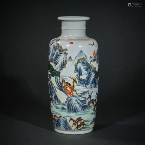 A Famille Rose Deer, Pinetree with Crane Porcelain Vase