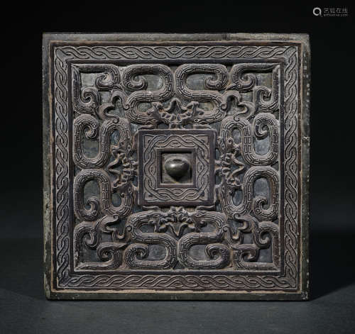 A Bronze Dragon Pattern Square Mirror