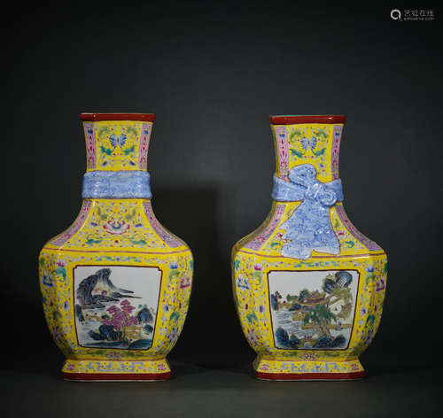 A Pair of Yellow Base Landscape Porcelain Vase