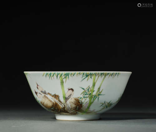 A Famille Rose Bird with Bamboo Porcelain Bowl