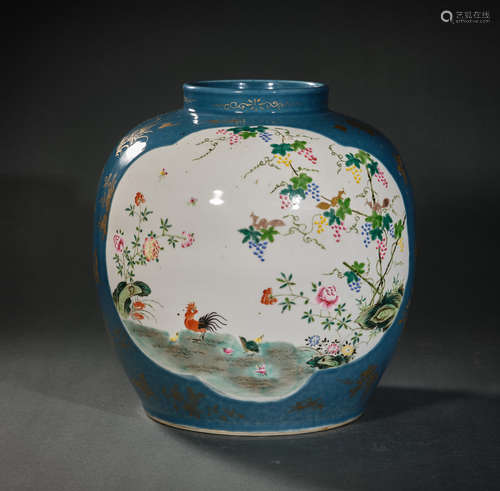 A Blue Base Drawing Chicken with Flower Pattern Porcelain Ja...