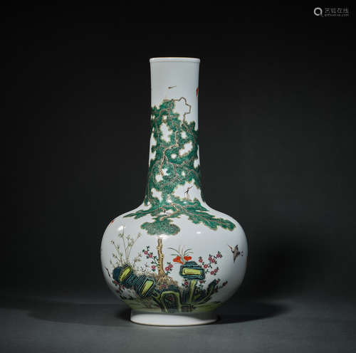 A Famille Rose Crane with Pinetree Porcelain Vase