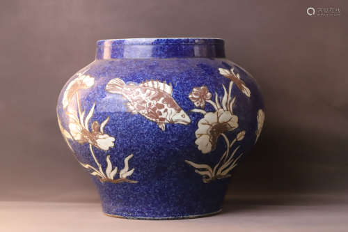 An Red in Blue Glazed Fish with Sea Grass Pattern Porcelain ...