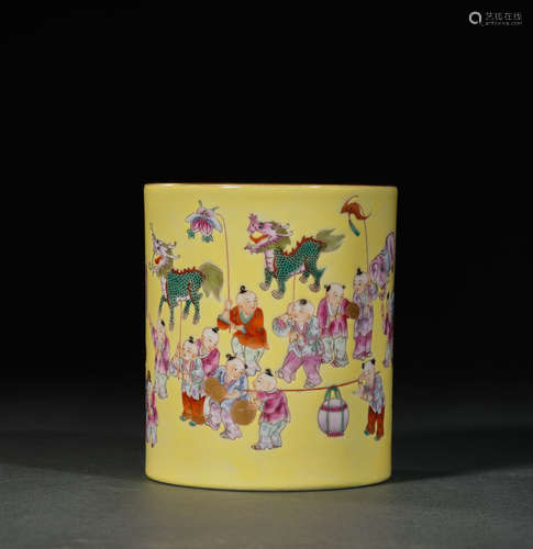 A Famille Rose Yellow Base Hundred Children Porcelain Brush ...