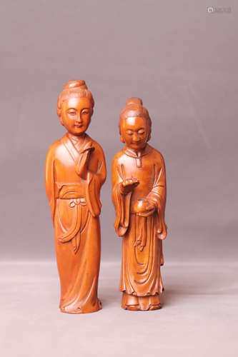 A Pair of Boxwood Beauty Figure Statue