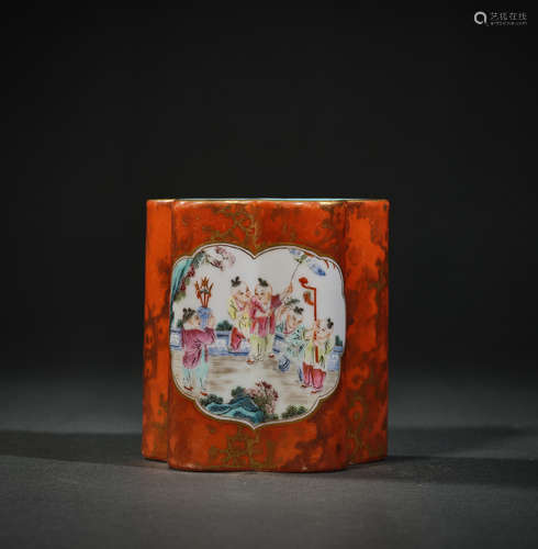 A Famille Rose Wood Base Character Story Porcelain Brush Pot