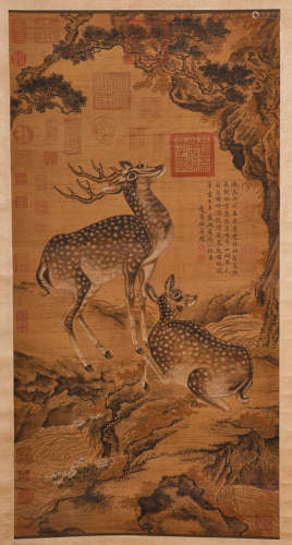 A Chinese Deer with Pinetree Silk Painting