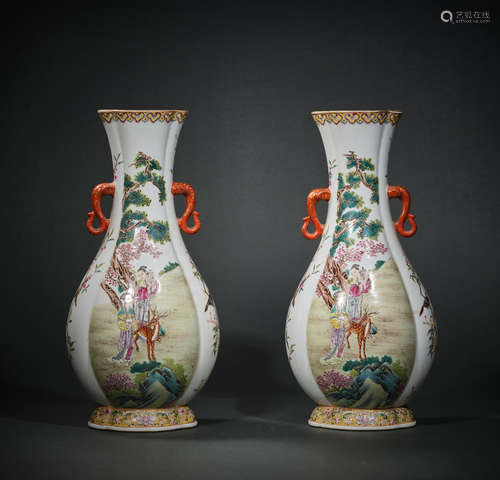 A Pair of Famille Rose Character Story Porcelain Vase