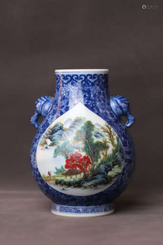 A Blue and White Base Landscape Porcelain Vase