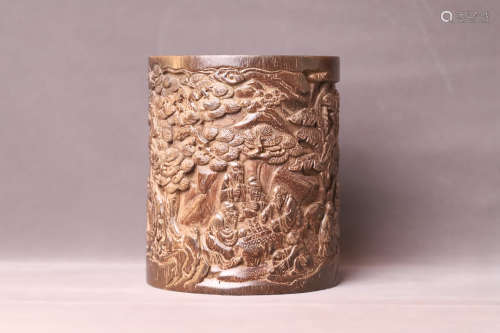 An Agarwood Character Story with Calligraphy Brush Pot
