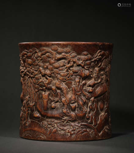 A Carved Character Story Wood Brush Pot