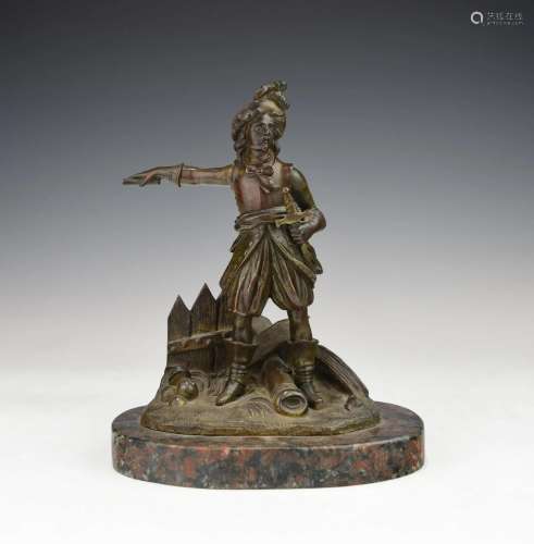 A BRONZE FIGURINE ON MARBLE STAND