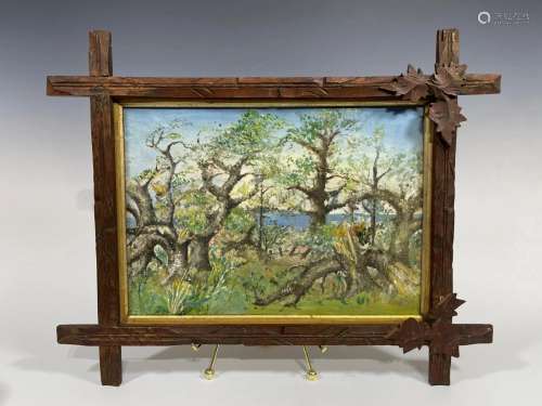 AN OIL PAINTING WITH ANTIQUE WOODEN FRAME