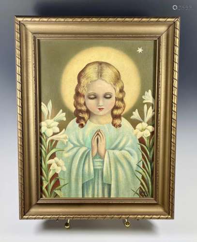 A MID CENTURY GARDEN ANGEL ORIGINAL OIL PAINTING WITH