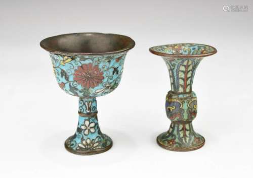ONE MING DYNASTY CLOISONNE STEM CUP AND A LATER GU VASE