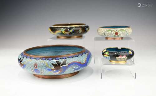 THREE CHINESE CLOISONNE WATER POTS AND AN ASH TRAY