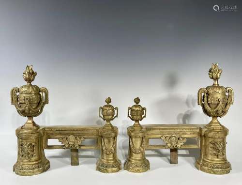 A PAIR OF ANTIQUE FRENCH GILT BRONZE FIREDOGS