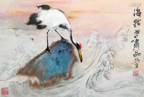 郑乃珖（1911～2005） 海鹤图 镜框 设色纸本