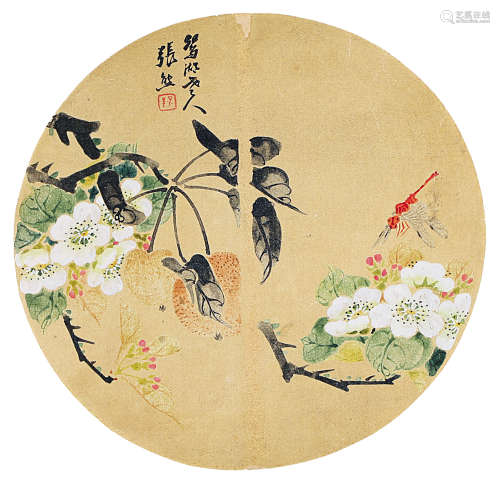 张熊（1803～1886） 花卉蜻蜓 镜片 设色泥金绢本团扇