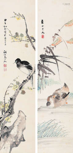 马兆麟（1837～1918） 1894年作 花鸟对屏 立轴 设色纸本