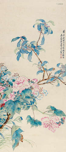 汤世澍（1831～1903） 1901年作 花卉 立轴 设色纸本