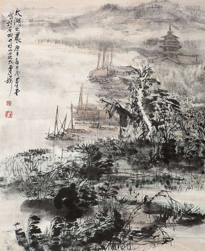 卢星堂（1938～2012） 太湖之晨 托片 设色纸本