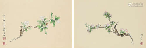 谢月眉（1906～1998） 1953年作 花卉双挖 立轴 设色绢本