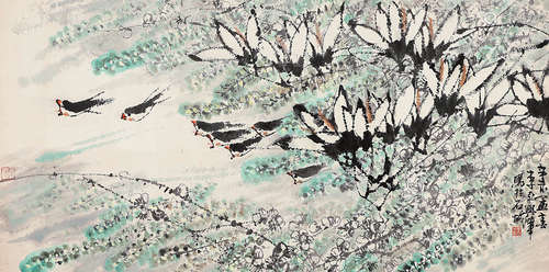 李亚（b.1926） 1991年作 花鸟 镜片 设色纸本