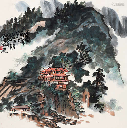 林良丰（b.1962） 延城明翠阁 立轴 设色纸本