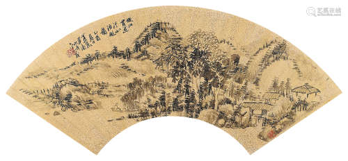毕涵（1732～1807） 溪山渔艇图 扇面 设色泥金笺