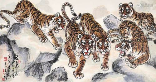 吴勋（1920～2000） 1989年作 五虎图 镜片 设色纸本
