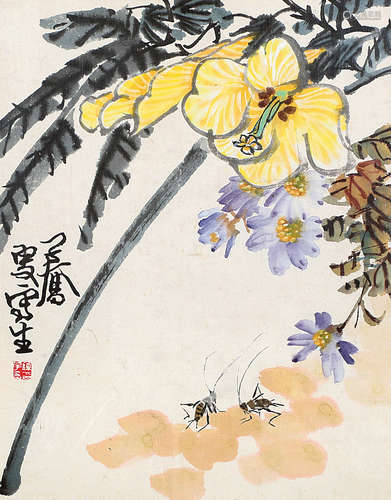 陈子奋（1898～1976） 蟋蟀花卉 镜框 设色纸本