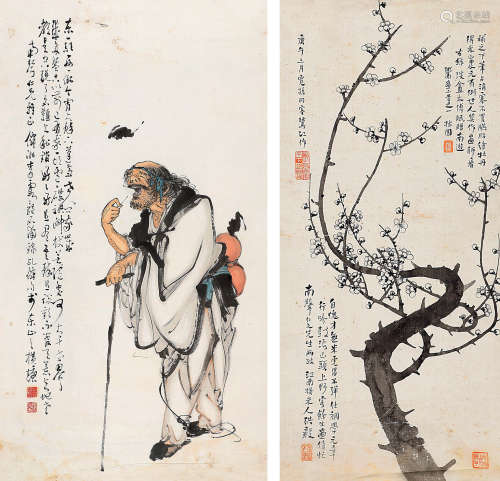 李霞（1871～1937）洪毅（1888～约1953） 引福图·梅花 镜片 设色纸本、绢...