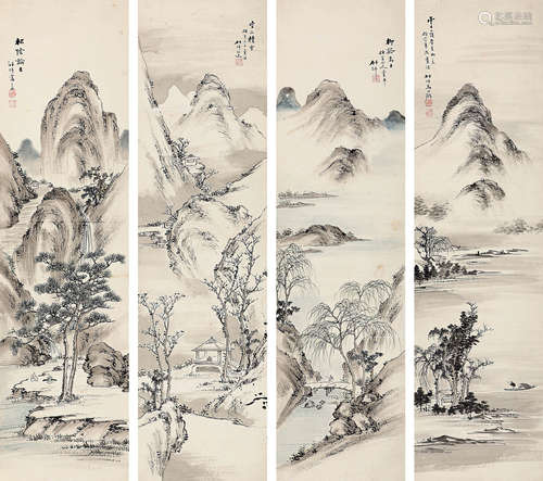 马兆麟（1837～1918） 山水四屏 立轴 设色纸本