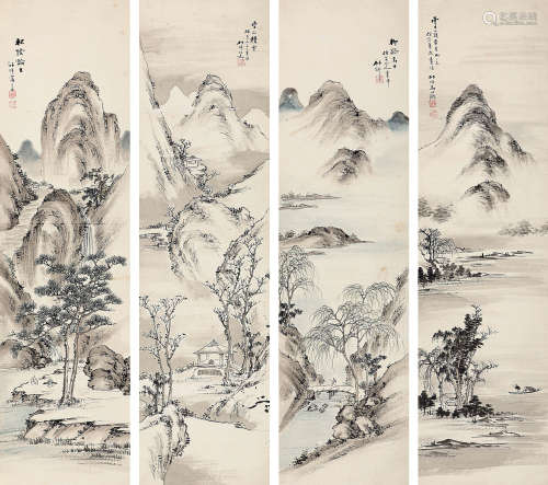 马兆麟（1837～1918） 山水四屏 立轴 设色纸本