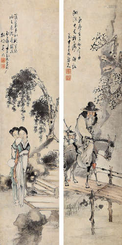 李霞（1871～1938） 人物对屏 镜片 设色纸本