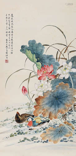 蔡铣（1871～1946） 荷花鸳鸯 立轴 设色纸本