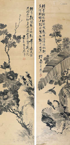 高凤翰（1683～1749） 花鸟对屏 立轴 设色纸本