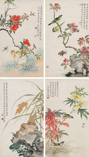 蔡铣（1871～1946） 花鸟草虫四屏 立轴 设色纸本