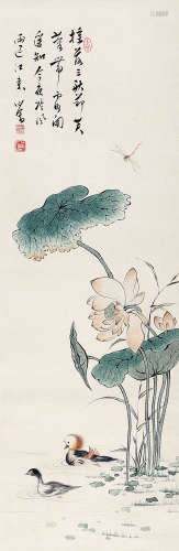 溥儒（1896～1963） 荷塘鸳鸯图 立轴 设色纸本