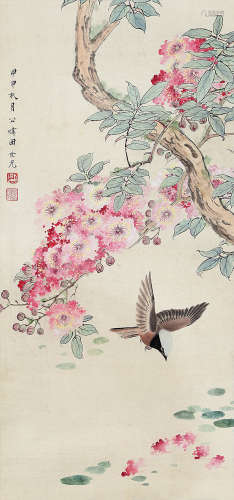 田世光（1916～1999） 1944年作 花鸟 立轴 设色纸本
