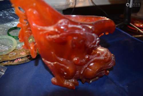 agate or carnelian dragon carving. large