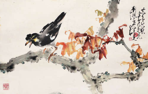 赵少昂 1937年作 红叶小鸟 设色纸本镜框